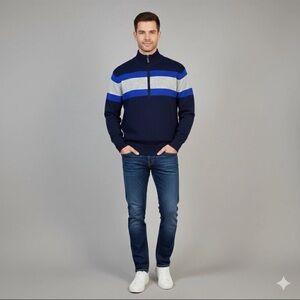 Amicale Mens‎ 1/2 Zip 100% Cashmere Navy Striped Sweater Large NWT